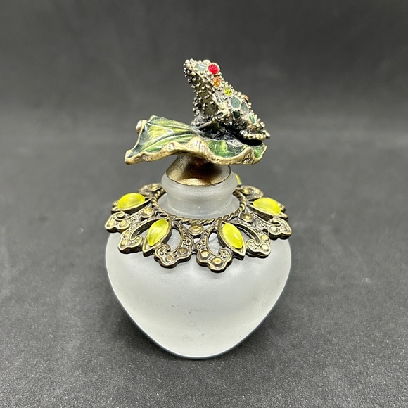 Frosted Glass Jeweled Frog Perfume Bottle empty 3.5" Tall 1.5" Wide - Picture 4 of 11